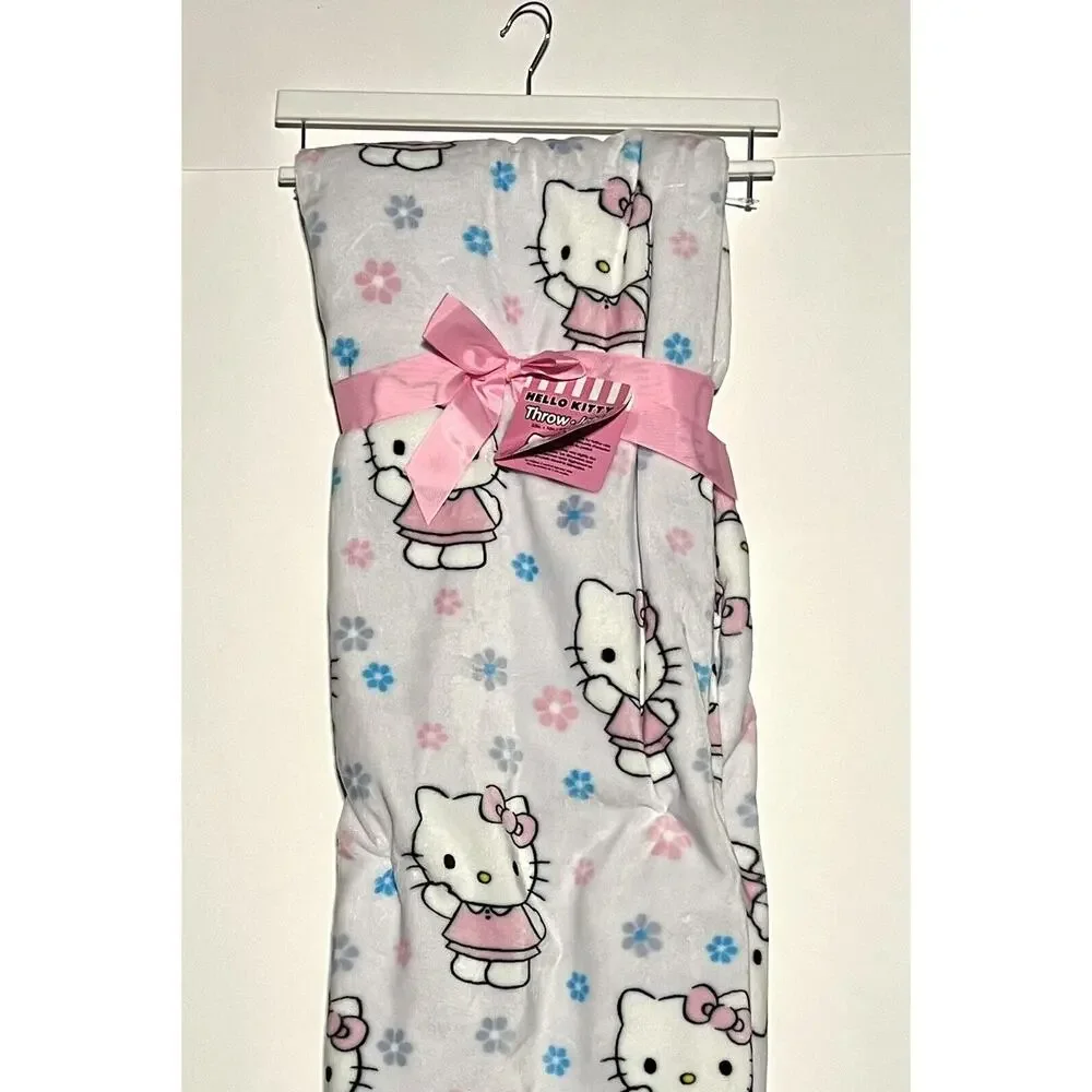 Hello Kitty Throw Blanket Spring Blue Pink Flowers Plush Fleece 50 X 70” Easter